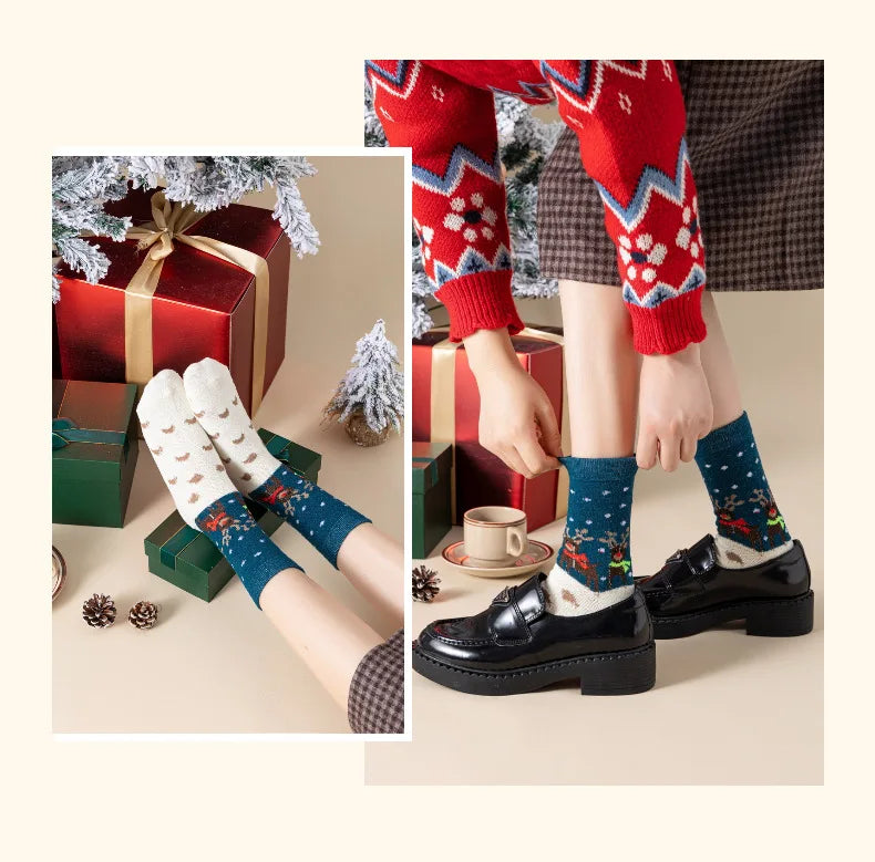 New Boxed Christmas Socks, New Autumn and Winter Women's Warm Wool Socks, Cute Medium Tube Elk Women's Socks