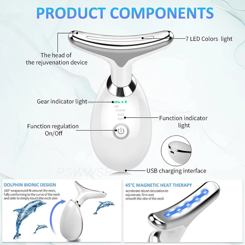 EMS Neck Facial Massager Lift Seven Colours LED Photon Therapy Vibration Face Beautify Anti Wrinkles Tightening Skin Care Device