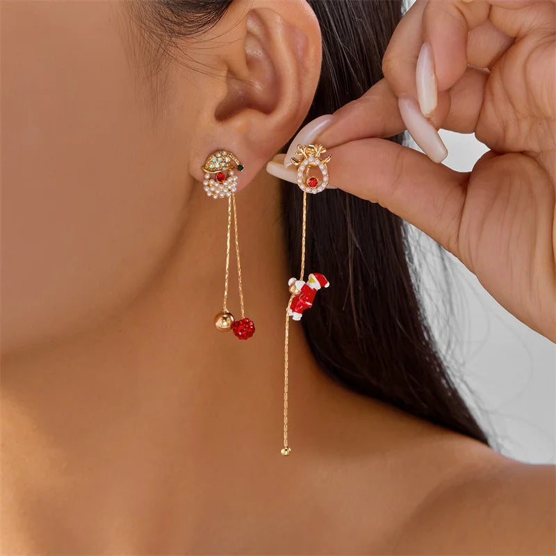 Moving Santa Claus Tassel Dangle Earrings For Women Christmas Tree Snowflake Asymmetric Long Chain Earring New Year Jewelry Gift