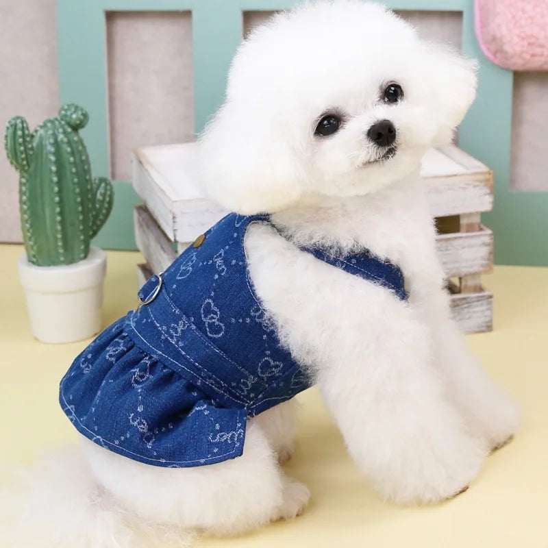 Small Dogs Clothes Designer Luxury Puppy Summer Clothes Girls Cat Dresses,Love Jeans Harness Vest Denim Dress One Piece S-XXL