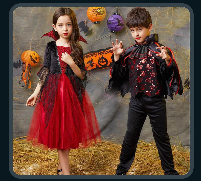 Girls Boys Vampire Dress Kid Ghost Bride Gothic Cosplay Vampire Devil Bat Halloween Costume Vampiran Carnival Outfit Clothes