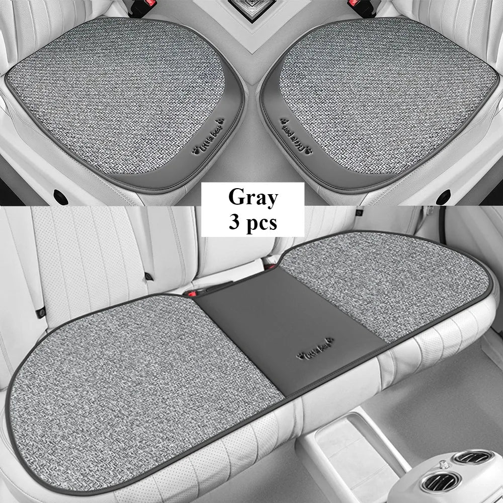 3pcs, Breathable Car Seat cushion - PU Leather + Cool Ice Rattan Weave, Playful Embroidery
