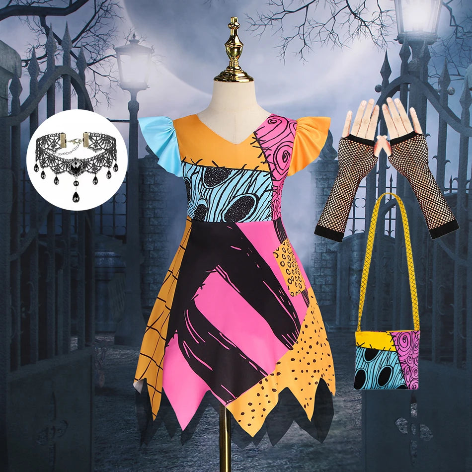 Baby Girls Halloween Costumes Cosplay Dress Nightmare Before Children Christmas Carnival Princess Sally Party Clothes 2-10 Years