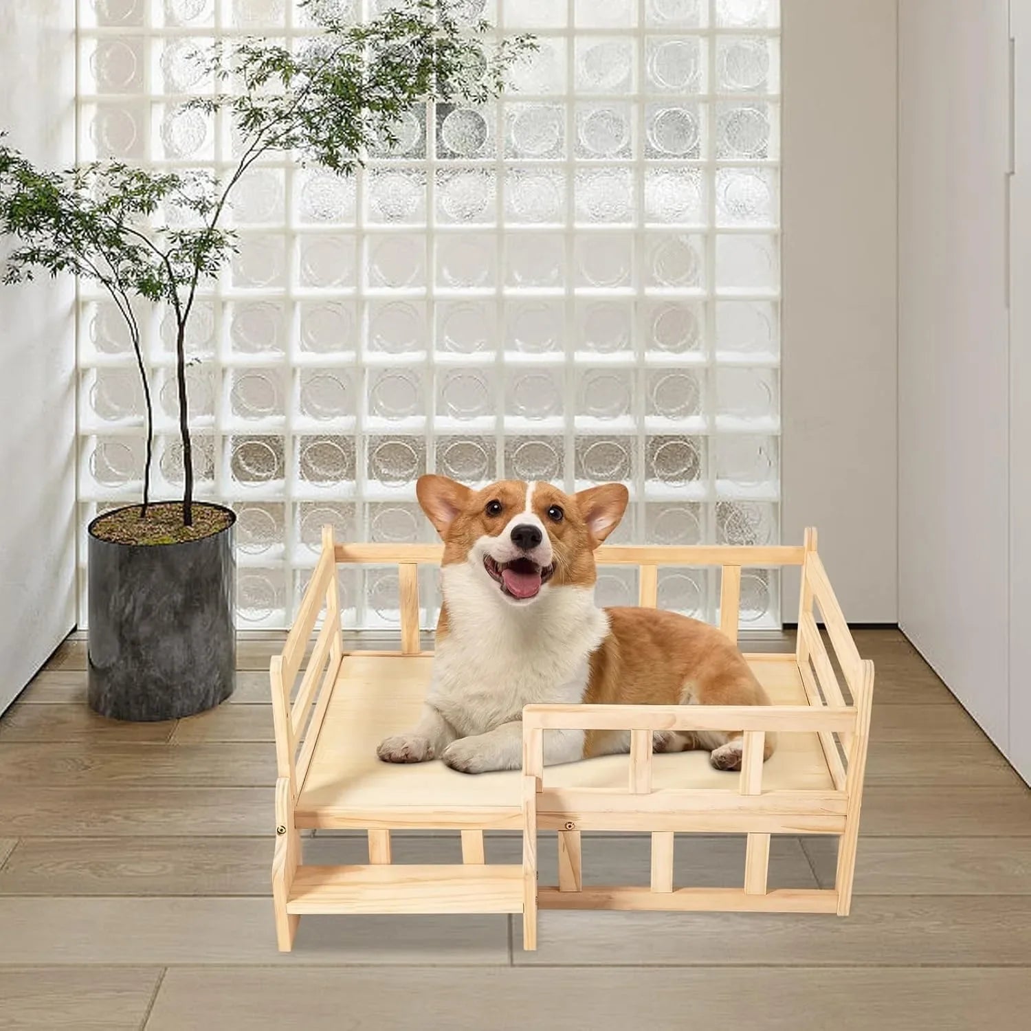 Solid Wood Elevated Pet Bed for Cats & Small Dogs, Natural Pine Wood, Non-Toxic, Easy Assembly, with Safety Fence/Anti-Slip Pads