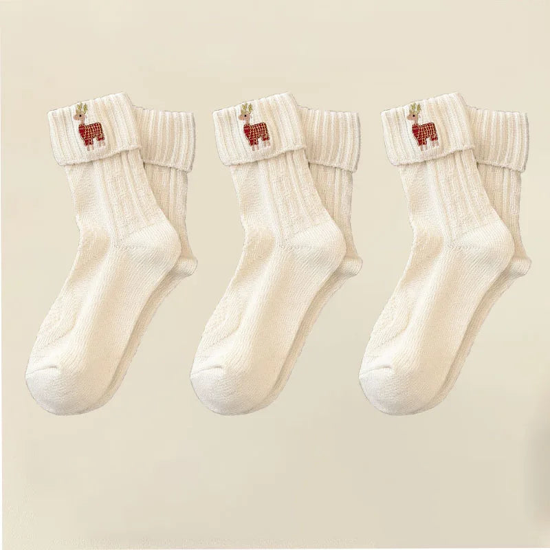 3 Pairs Cotton Cartoon Christmas Socks for Women Autumn Winter Warm Comfortable Cute Mid-tube Embroidery Merry Christmas Gifts