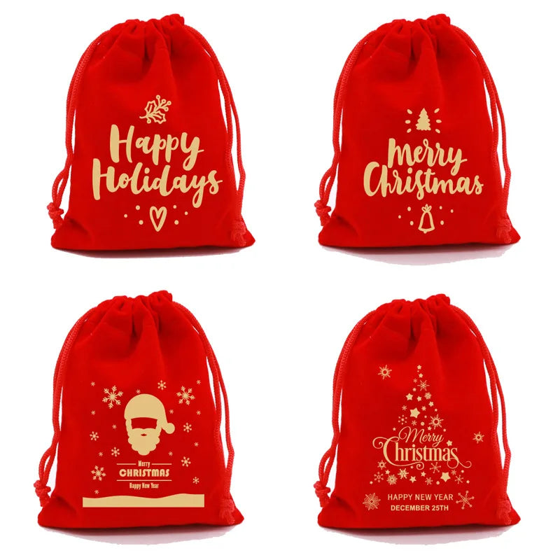 20pcs Xmas Velvet Bags Small Candy Gift Bag Drawstring Pouch Christmas Party Favor Boutique Jewelry Packaging Bags 2024 New Year