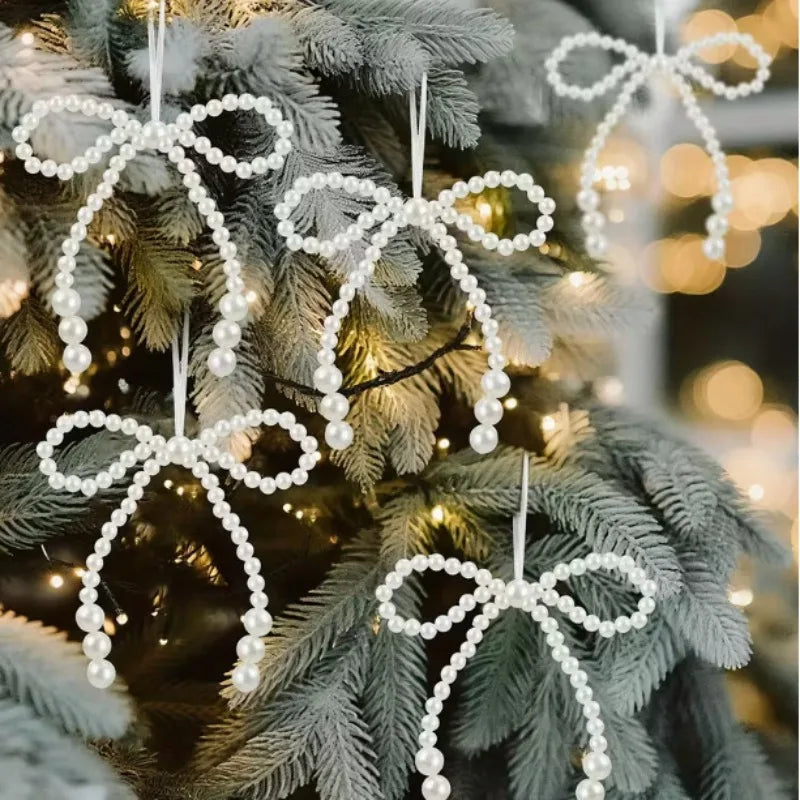6/12pcs Xmas Tree Hand Woven Imitation Pearl Bow Hanging Ornaments 2025 Christmas Decoration for Home Navidad Gift New Year 2026