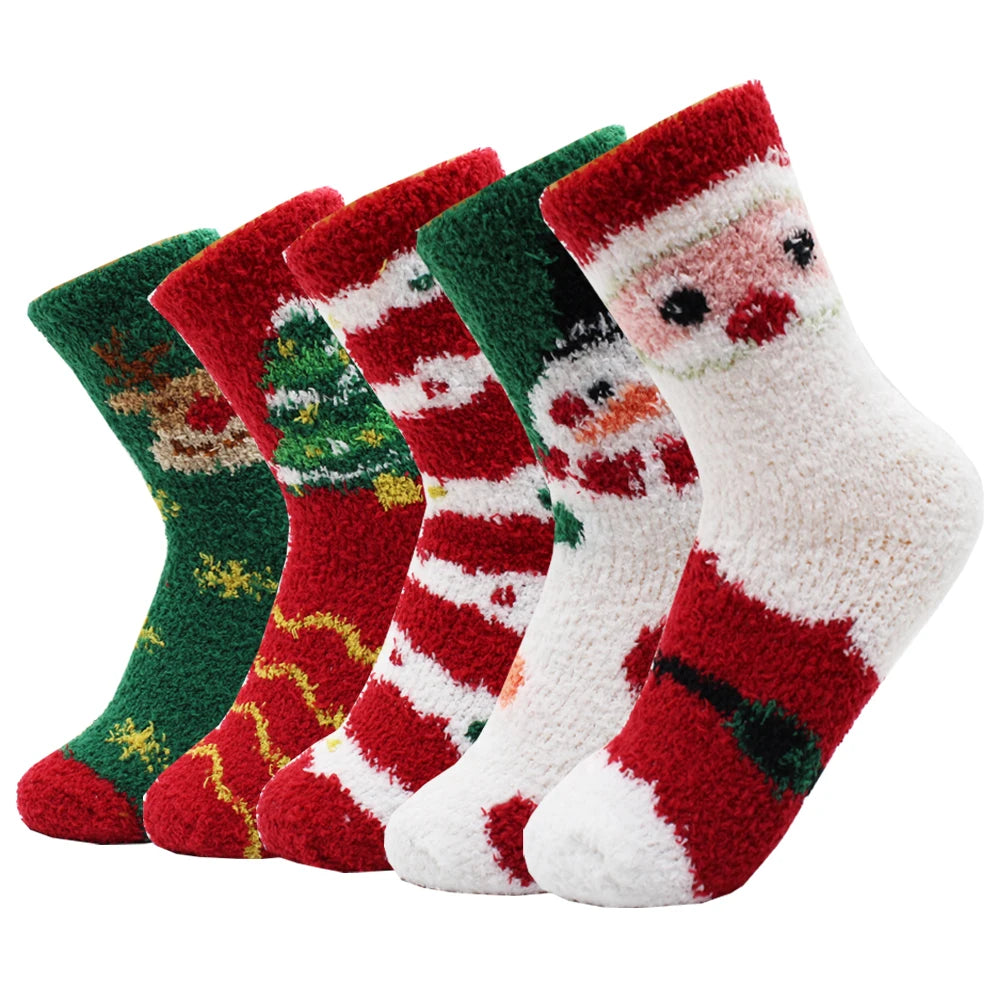 5 Pairs New Autumn and Winter Christmas Thickened Cute Warm Coral Fleece Socks Velvet Santa Fawn Snowflake Women Socks