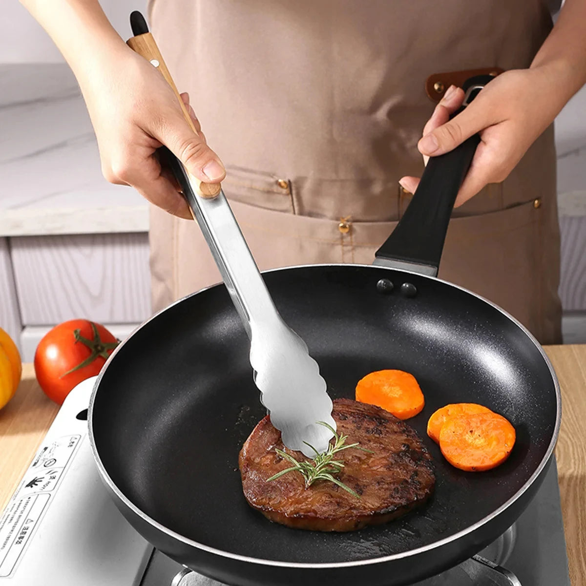 Heavy Duty Kitchen Tongs with Wooden Handle for Cooking, Grilling and BBQ, 7-16 Inch Length