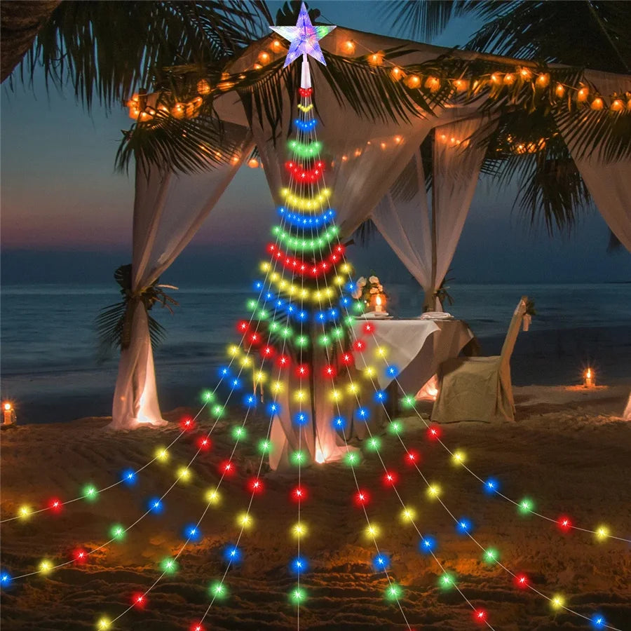 2025 New Year Decoration Christmas Fairy String Lights Outdoor USB Remote Stars Waterfall Garden Lights for Home Party Wedding