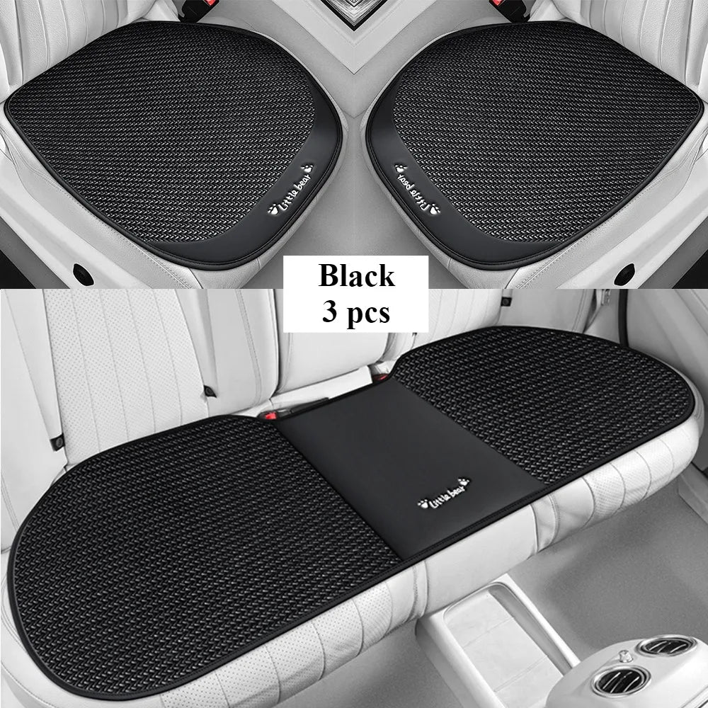 3pcs, Breathable Car Seat cushion - PU Leather + Cool Ice Rattan Weave, Playful Embroidery