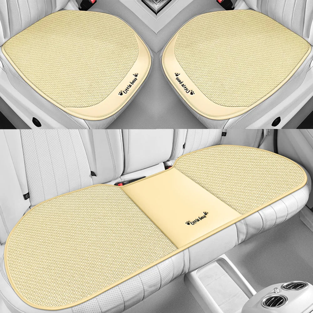 3pcs, Breathable Car Seat cushion - PU Leather + Cool Ice Rattan Weave, Playful Embroidery