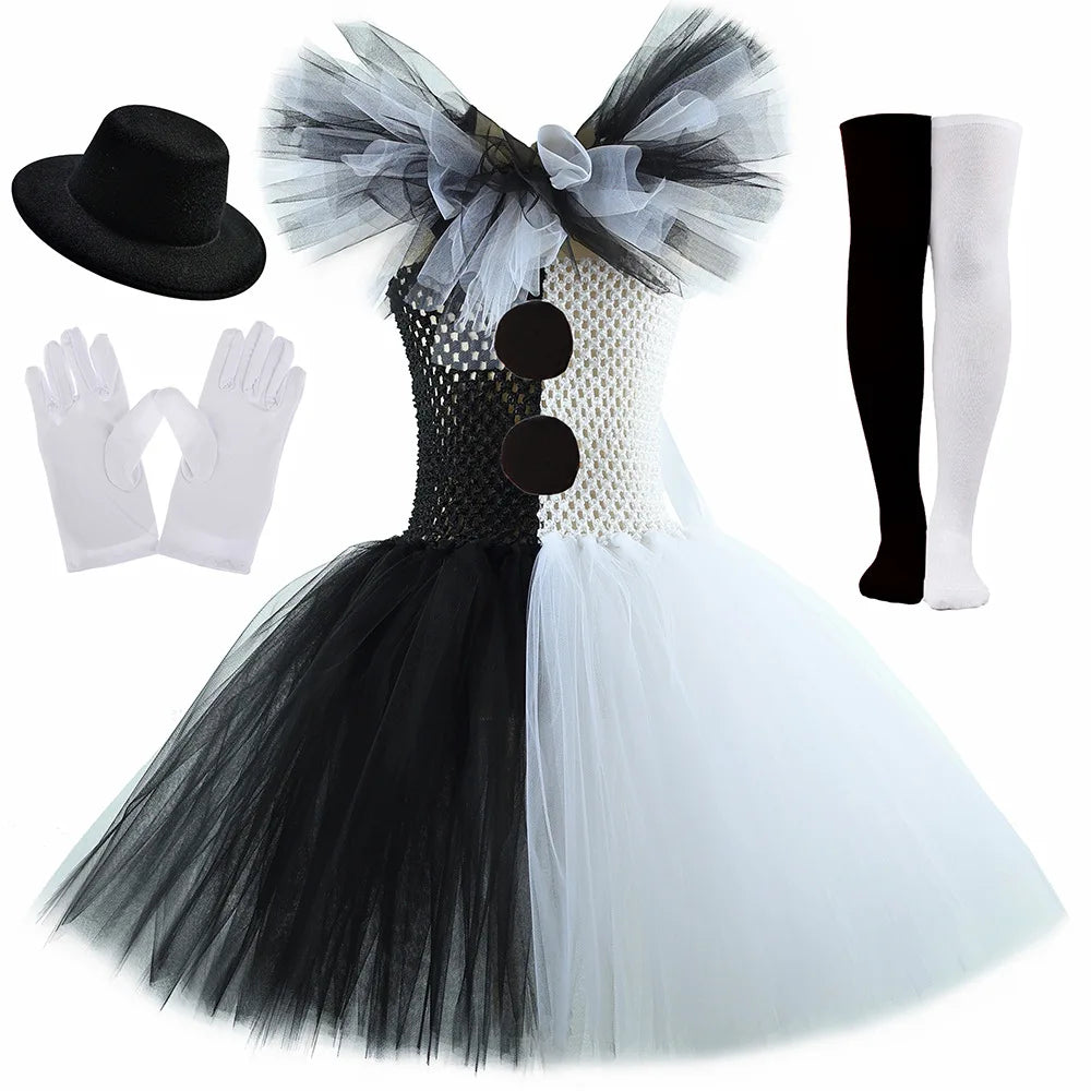 2025 Halloween Festive Party Girls Cosplay Black and White Witch Sleeveless Clown Lace Vampire Clothing Plus Accessories Set