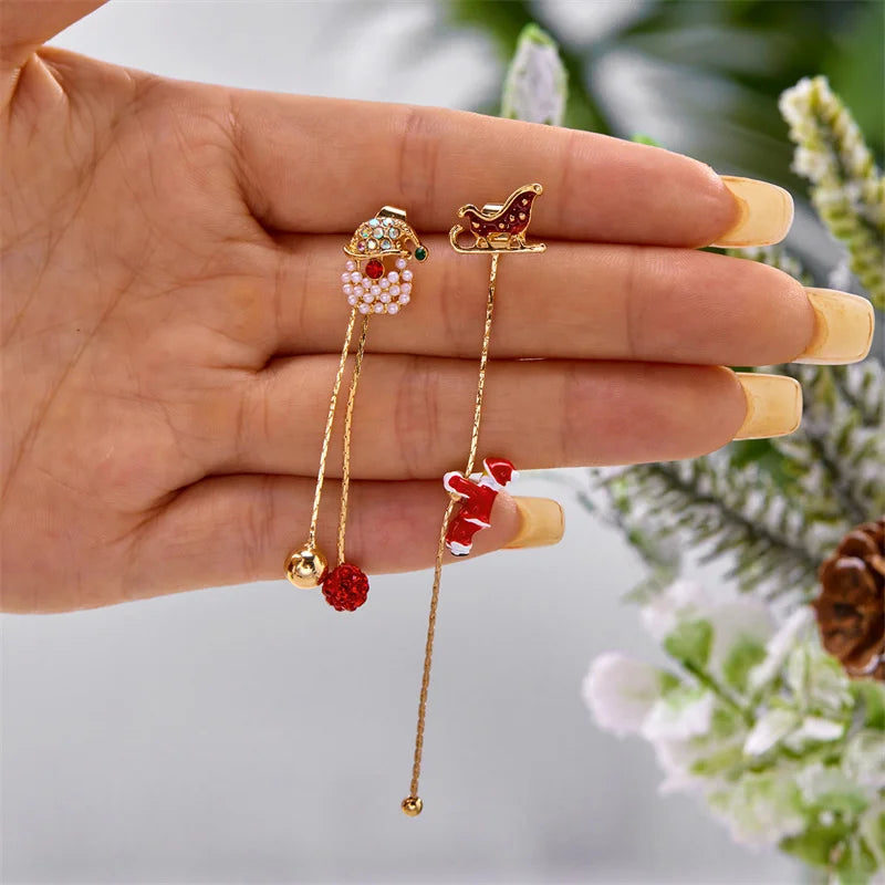 Moving Santa Claus Tassel Dangle Earrings For Women Christmas Tree Snowflake Asymmetric Long Chain Earring New Year Jewelry Gift