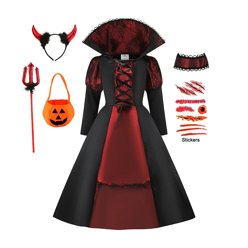 Halloween Fantasy Children's Costumes Ghost Bride Gothic Cosplay Girls Red Vampire Day of The Dead Kids Costumes for Boy Girl