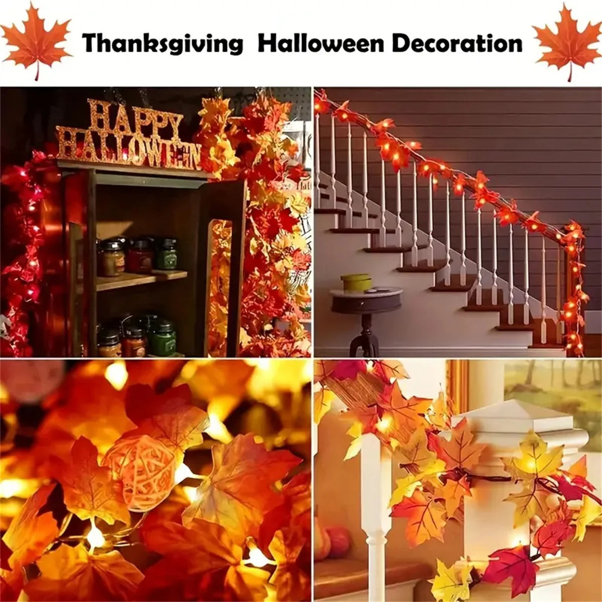 Solar Maple Leaf Light String Plastic Autumn Leaf Decoration For Thanksgiving And Halloween Outdoor/Indoor Atmosphere Lighting