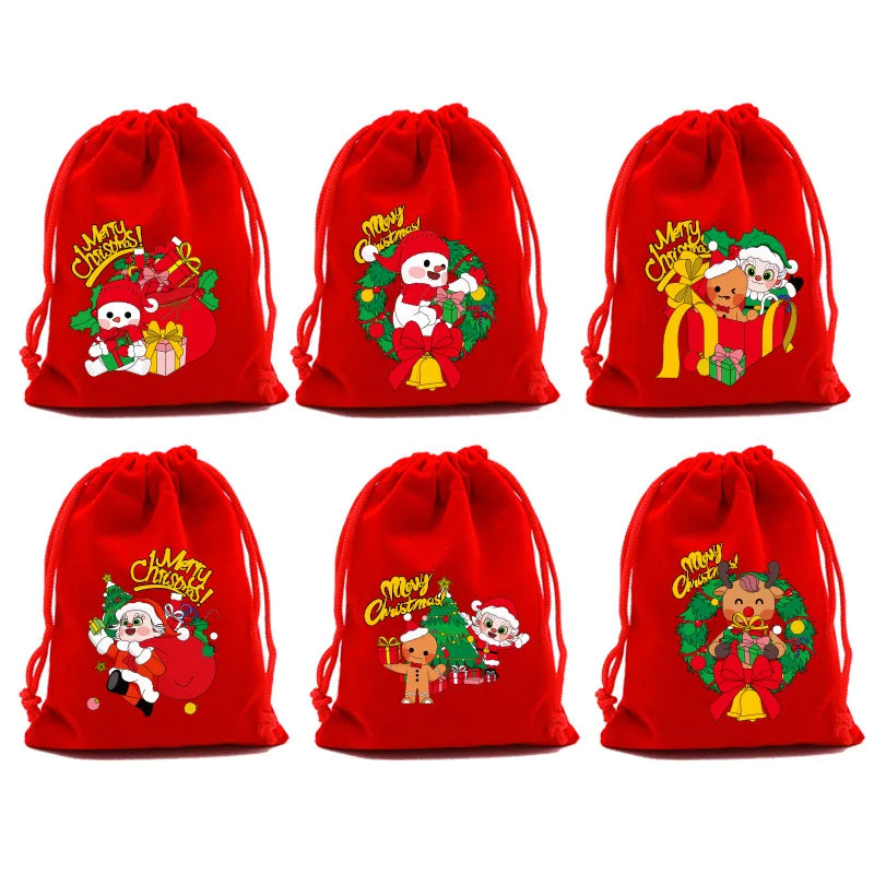 20pcs Xmas Velvet Bags Small Candy Gift Bag Drawstring Pouch Christmas Party Favor Boutique Jewelry Packaging Bags 2024 New Year