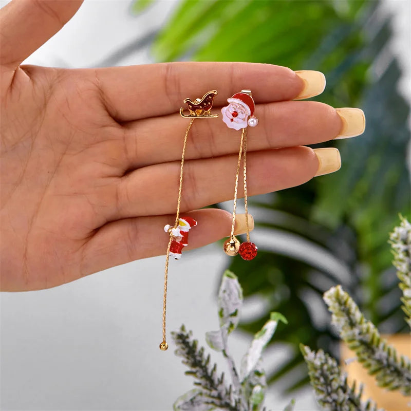 Moving Santa Claus Tassel Dangle Earrings For Women Christmas Tree Snowflake Asymmetric Long Chain Earring New Year Jewelry Gift