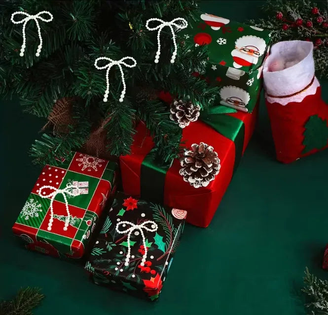 6/12pcs Xmas Tree Hand Woven Imitation Pearl Bow Hanging Ornaments 2025 Christmas Decoration for Home Navidad Gift New Year 2026