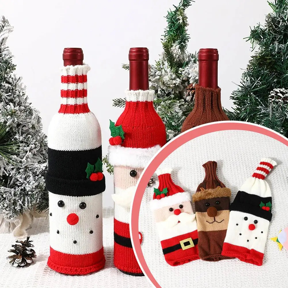 Christmas Sweater Wine Bottle Cover Set Santa Snowman Knitted Wine Bottle Bag Christmas Party Dinner Table Decoration