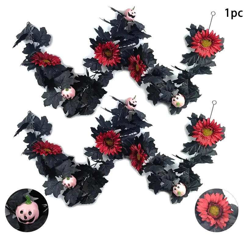 1 Halloween Wreath - 5.74ft Gothic Maple Leaves And Pumpkin Vines With Spooky Decorations To Create A Spooky Holiday And Firepla