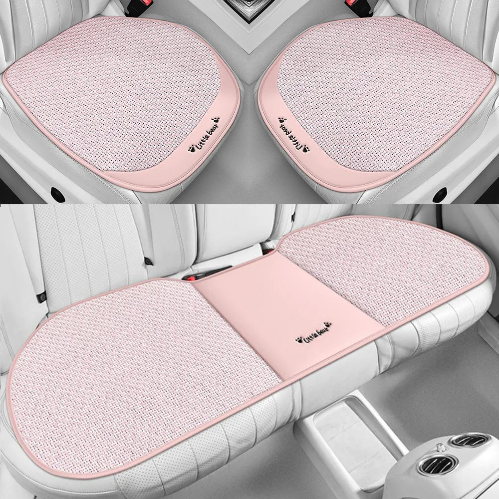 3pcs, Breathable Car Seat cushion - PU Leather + Cool Ice Rattan Weave, Playful Embroidery