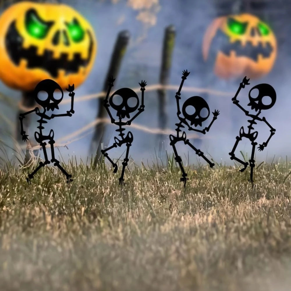 4PCS Spooky Dancing Skeleton Garden Stakes, Weatherproof Metal Yard Art for Halloween Decor, Easy Install Outdoor Lawn Ornaments