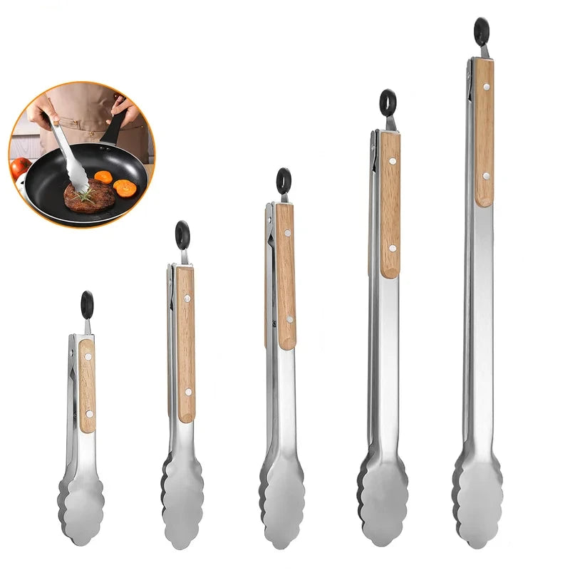 Heavy Duty Kitchen Tongs with Wooden Handle for Cooking, Grilling and BBQ, 7-16 Inch Length