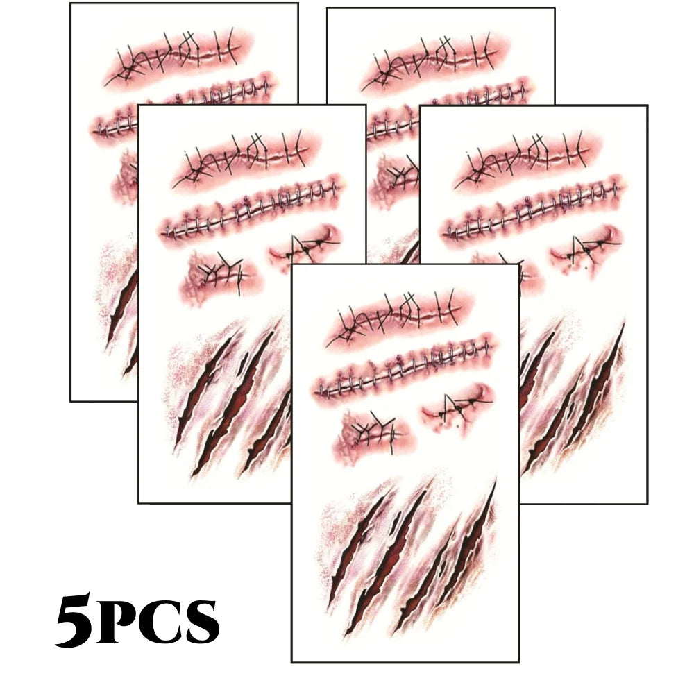 10pcs 3D Fake Scar Tattoos Sticker Body Face Realistic Scab Temporary Tattoos Halloween Horror Wound Bloody DIY Makeup Stickers