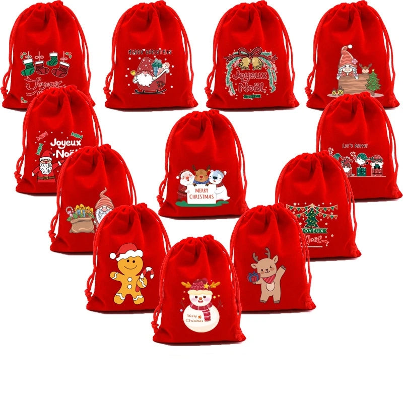 20pcs Xmas Velvet Bags Small Candy Gift Bag Drawstring Pouch Christmas Party Favor Boutique Jewelry Packaging Bags 2024 New Year