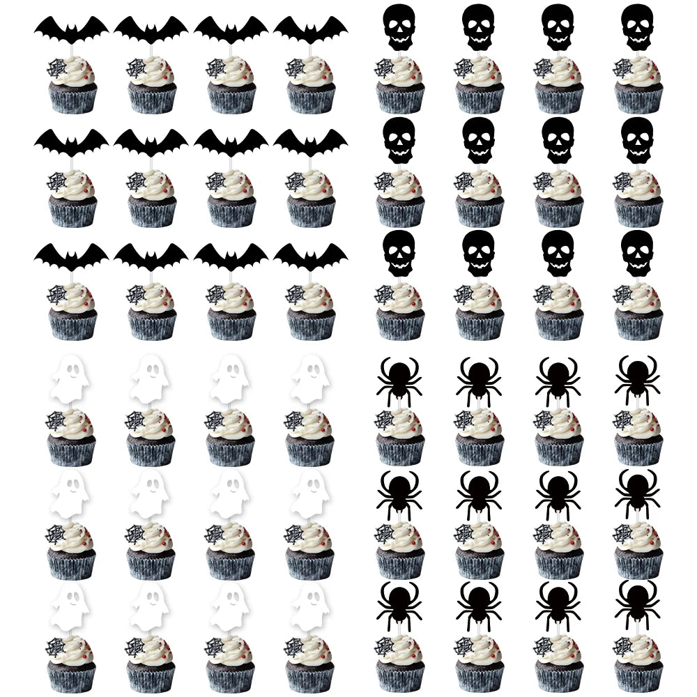 12/24pcs Halloween Black White Cupcake Topper Skull Ghost Bat Spider shape Cake Topper Decoration Halloween Birthday Party Decor