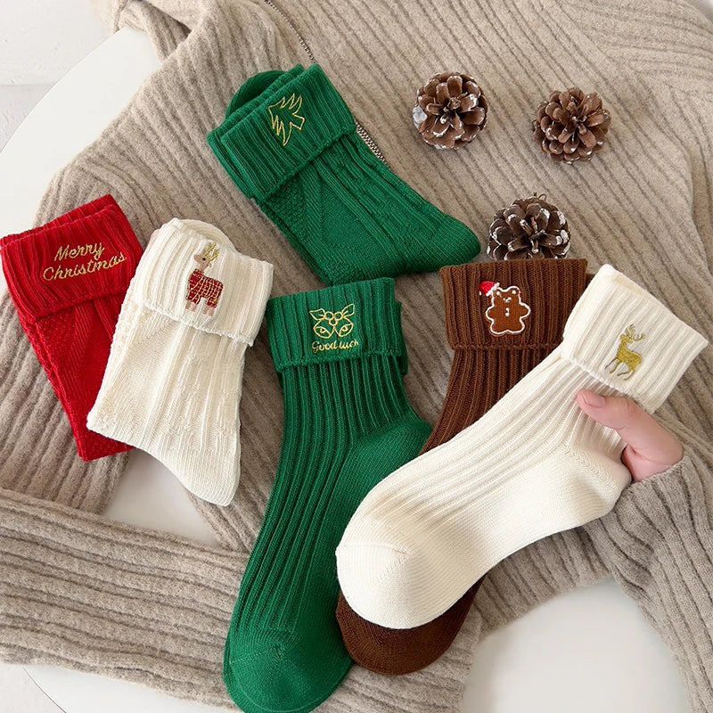 3 Pairs Cotton Cartoon Christmas Socks for Women Autumn Winter Warm Comfortable Cute Mid-tube Embroidery Merry Christmas Gifts