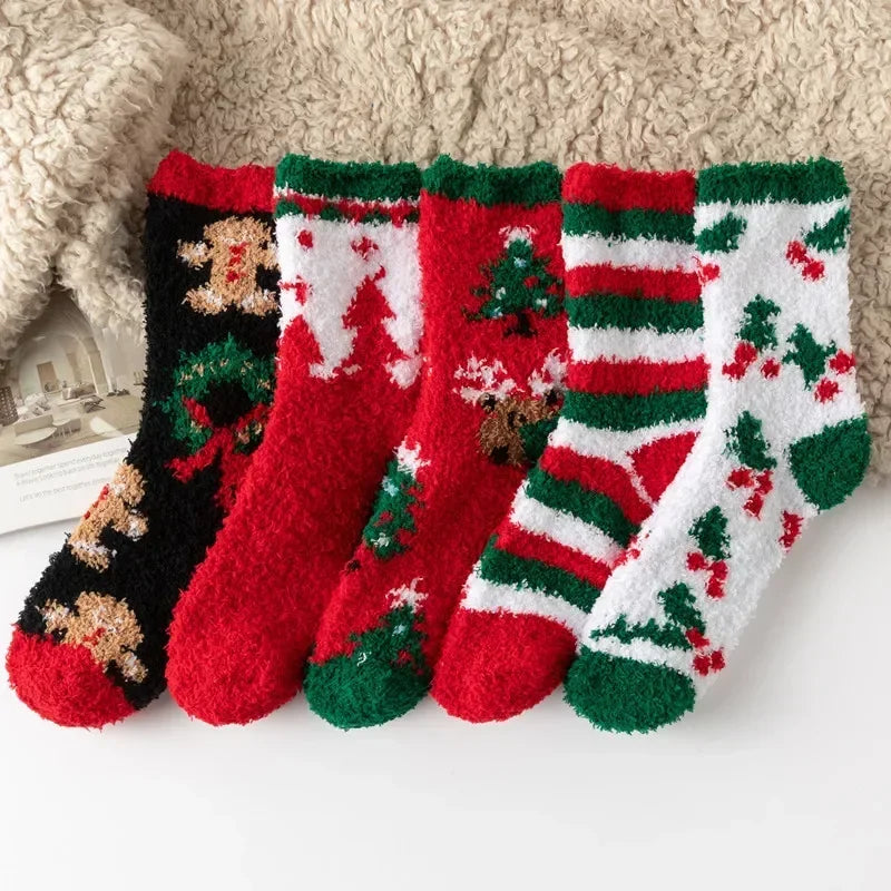 5 Pairs New Autumn and Winter Christmas Thickened Cute Warm Coral Fleece Socks Velvet Santa Fawn Snowflake Women Socks