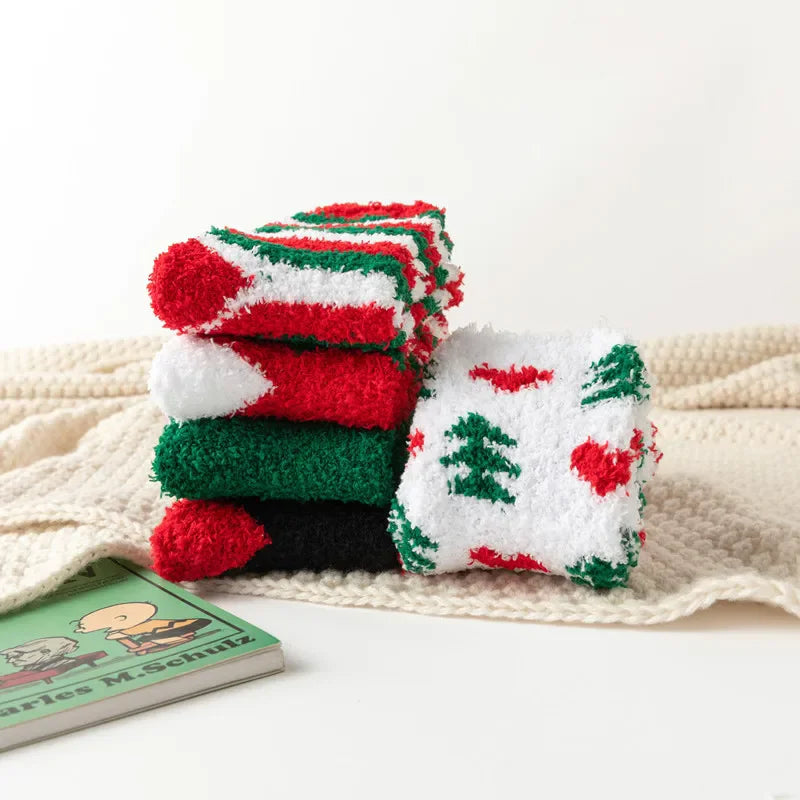 5 Pairs New Autumn and Winter Christmas Thickened Cute Warm Coral Fleece Socks Velvet Santa Fawn Snowflake Women Socks