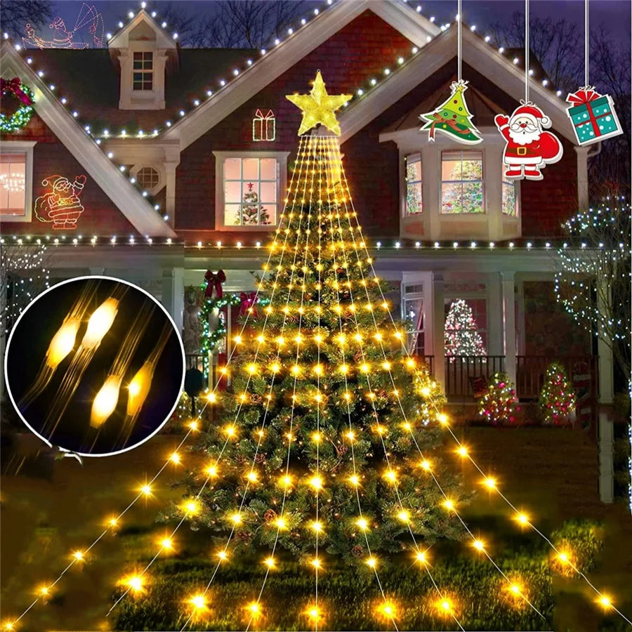 2025 New Year Decoration Christmas Fairy String Lights Outdoor USB Remote Stars Waterfall Garden Lights for Home Party Wedding