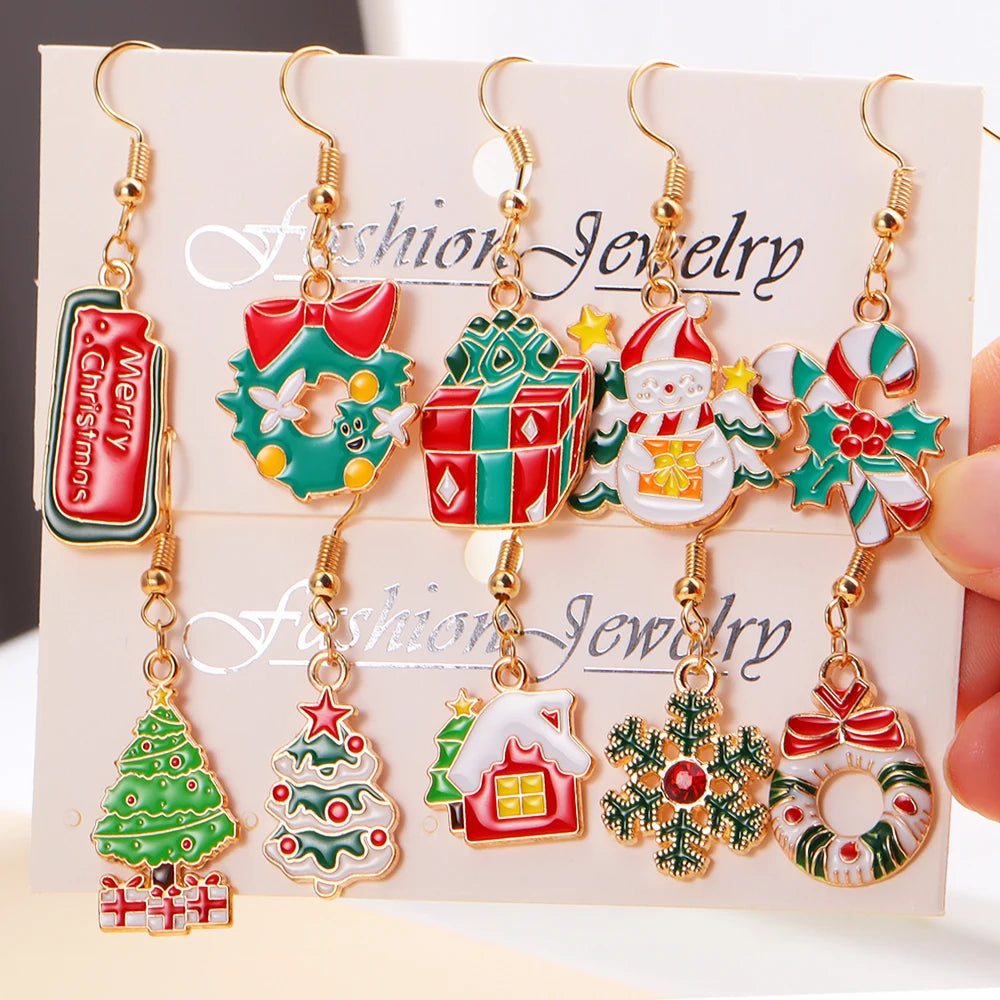 2Pairs Cute Christmas Set Earring Alloy Enamel Bell Snowflake Snowhouse Design Earrings - Perfect Holiday Jewelry Gift