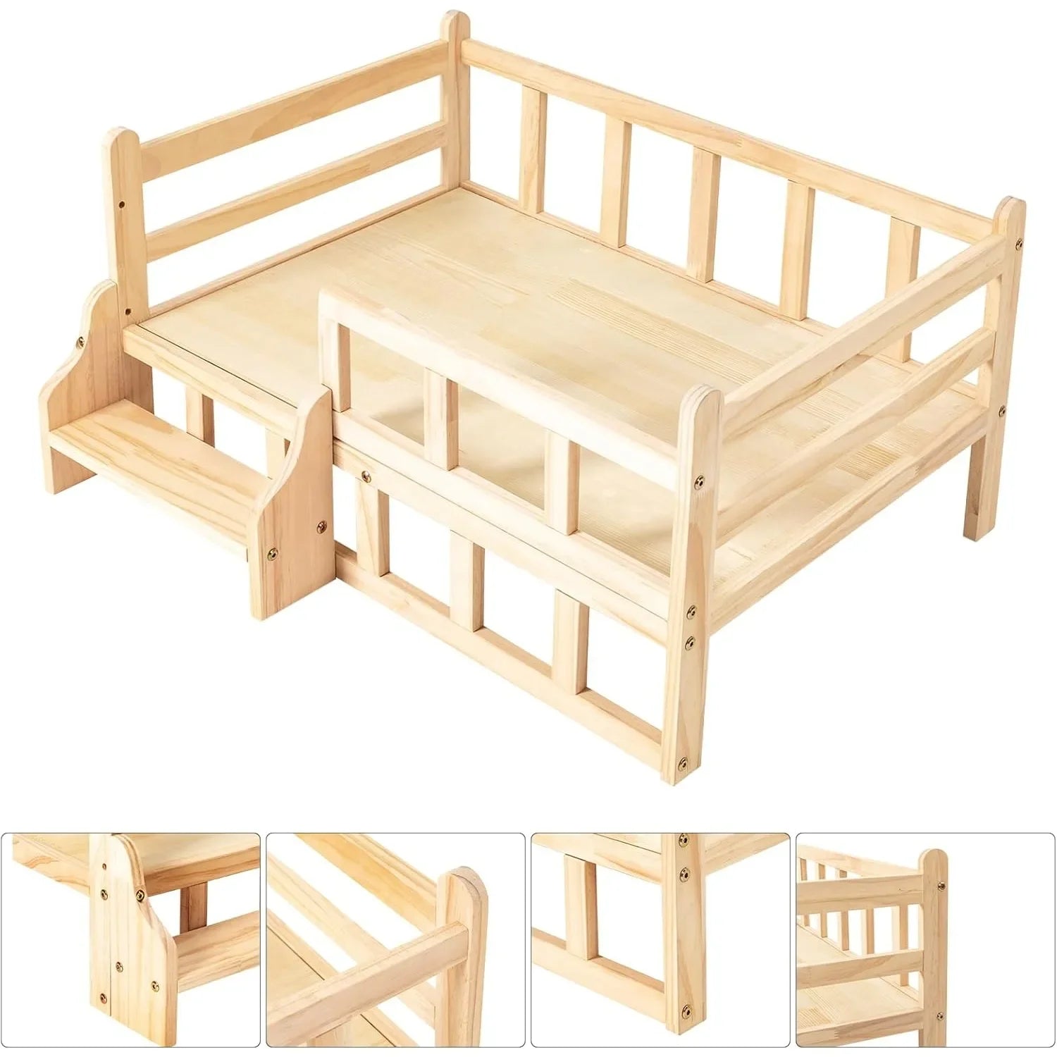 Solid Wood Elevated Pet Bed for Cats & Small Dogs, Natural Pine Wood, Non-Toxic, Easy Assembly, with Safety Fence/Anti-Slip Pads