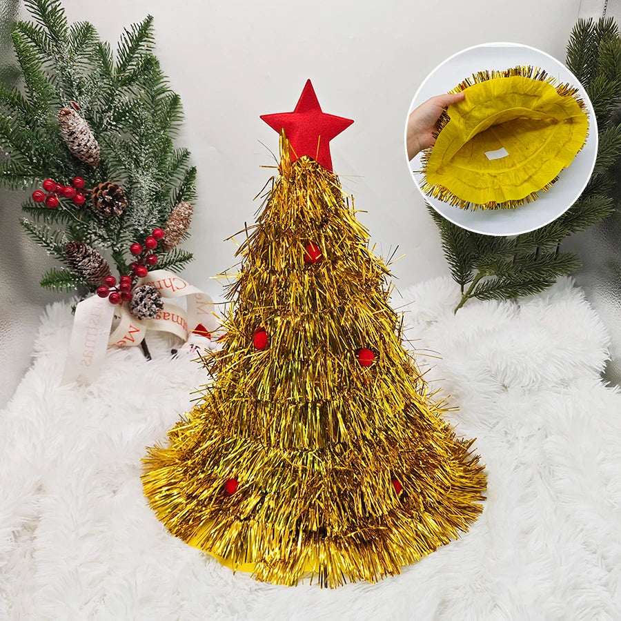 Christmas Tree Hats Fabric Rain Silk Hat for Adults Kids Funny Santa Hat with Tinsel Xmas Holiday Party Costume New Year Decor