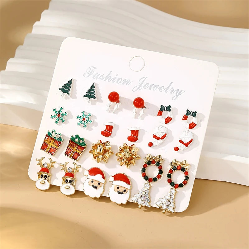 24pcs Christmas Combination Earrings Set for Women Small Shiny Zircon Xmas Tree Santa Claus Snowflake Earring Party Jewelry Gift