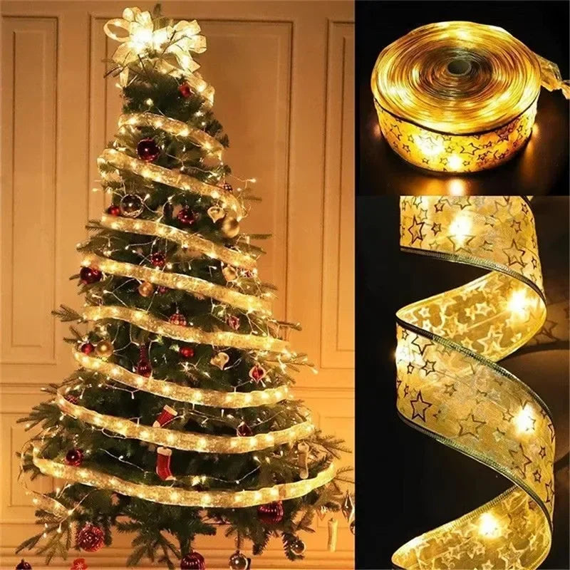 New Year 2026 Christmas Decoration LED Ribbon Fairy Lights Christmas Tree Ornaments for Home DIY Bows Light String Navidad 2025