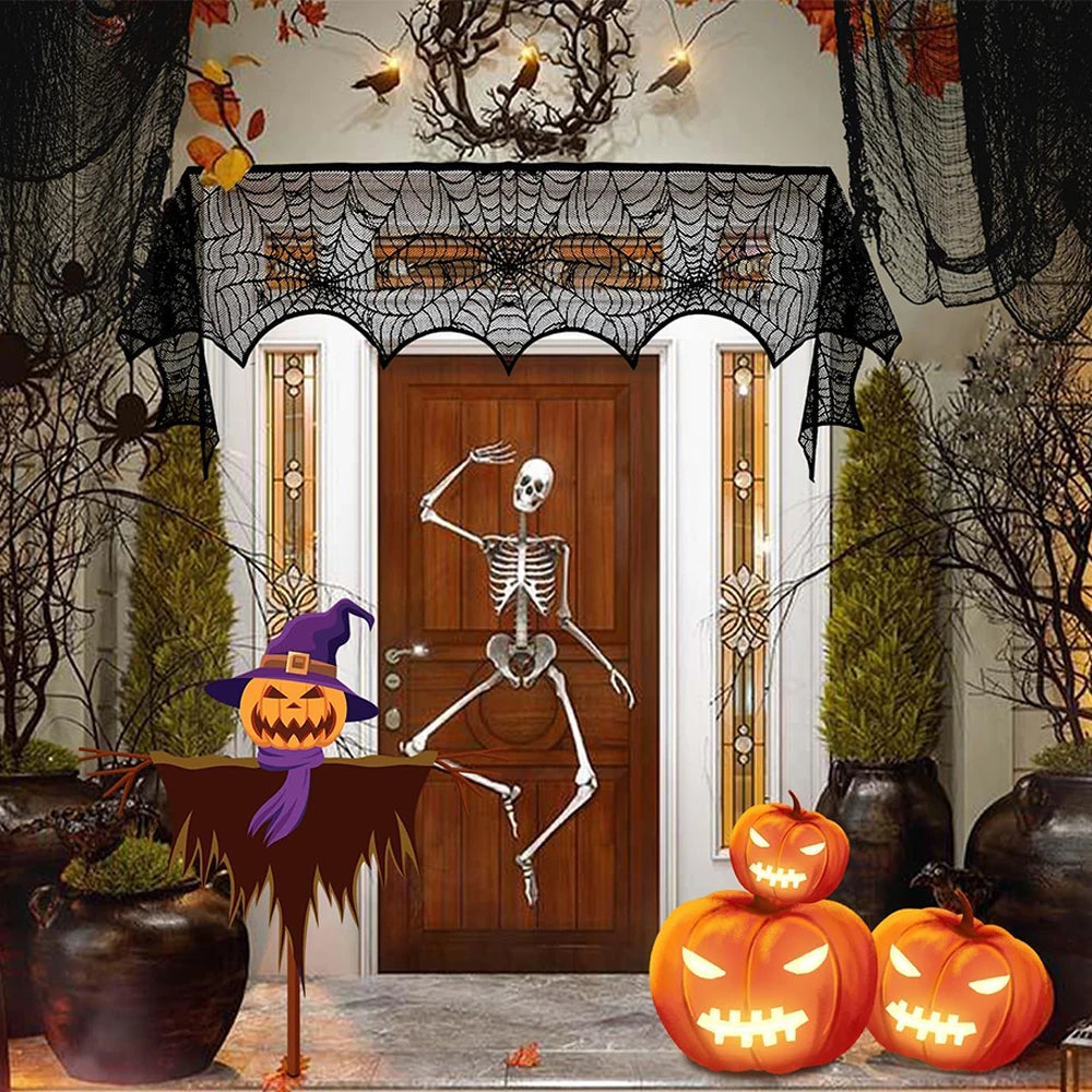 Halloween Home Party Decorations Black Lace Table Runner Spider Web Fireplace Mantel Cover Halloween Decorations Cloth Supplies