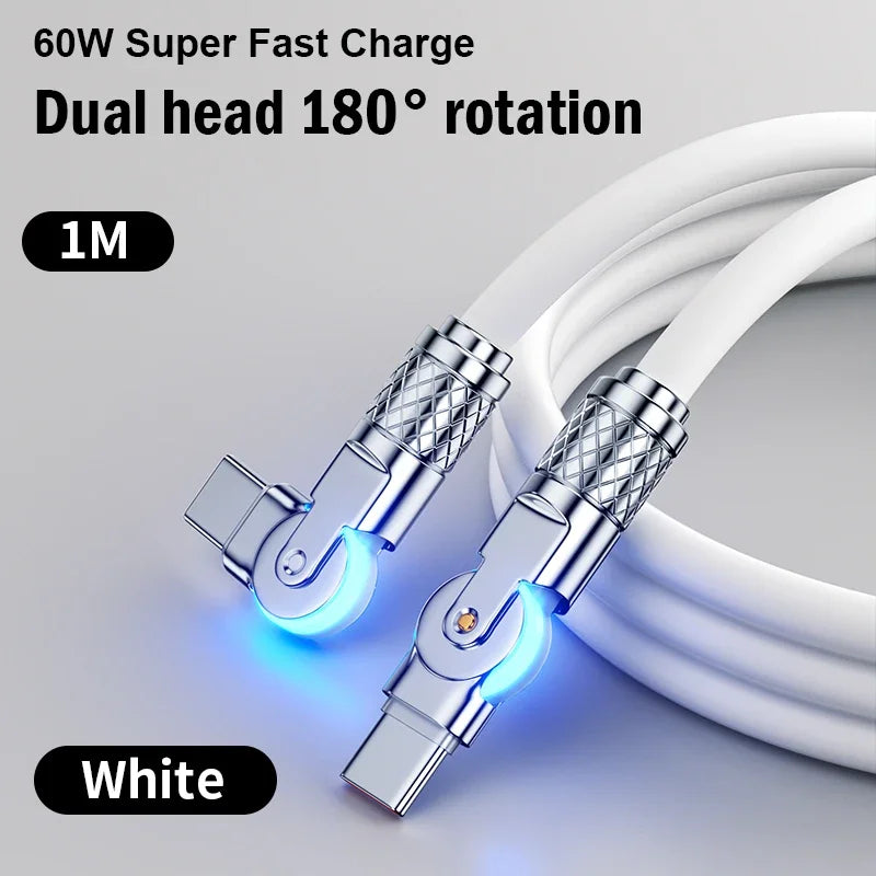60W PD USB C To Type C Cable Elbow 180 Degree Rotation Super Fast Charge For Samsung S24 S23 S22 Ultra Huawei Laptop Data Sync