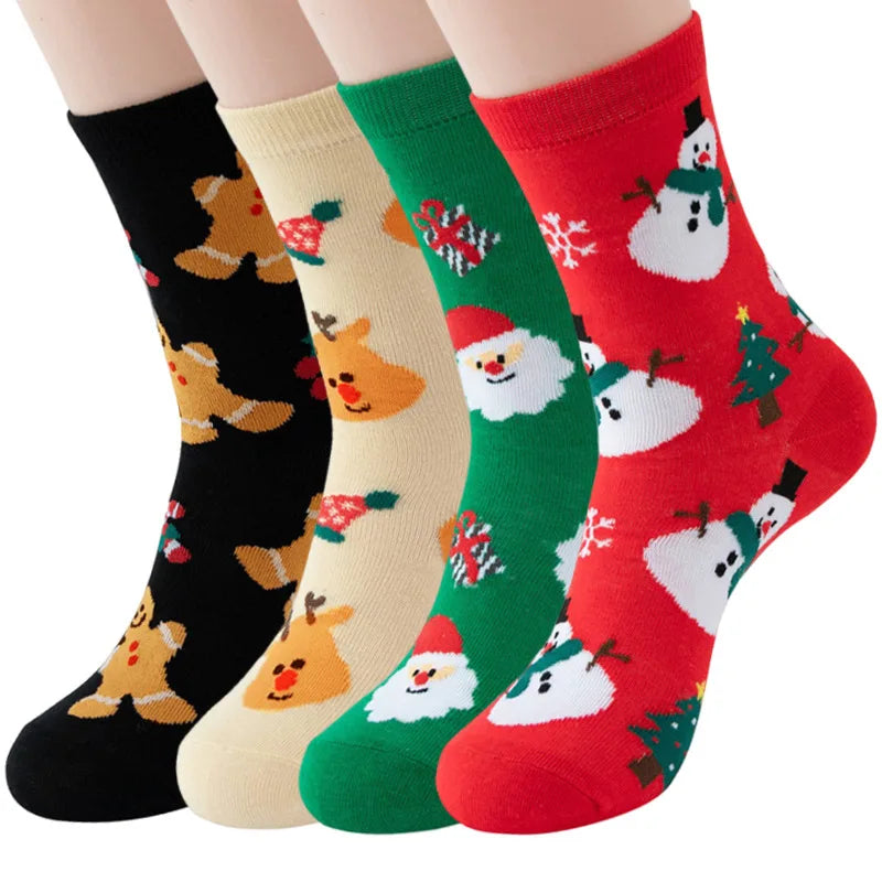4 Pairs Christmas Socks For Woman Santa Claus Snowman Gingerbread Man Christmas Socks Kawaii Cartoon Girls Christmas Gifts
