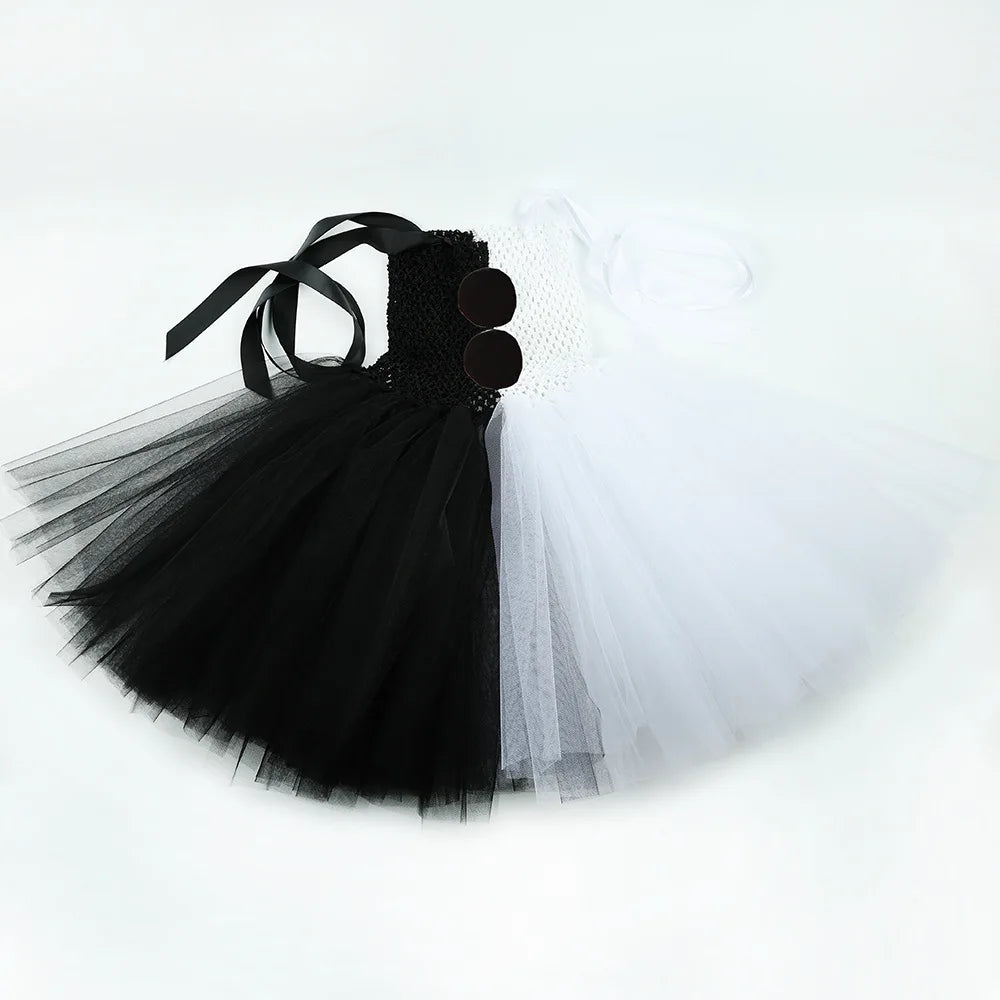 2025 Halloween Festive Party Girls Cosplay Black and White Witch Sleeveless Clown Lace Vampire Clothing Plus Accessories Set