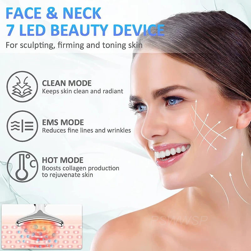 EMS Neck Facial Massager Lift Seven Colours LED Photon Therapy Vibration Face Beautify Anti Wrinkles Tightening Skin Care Device