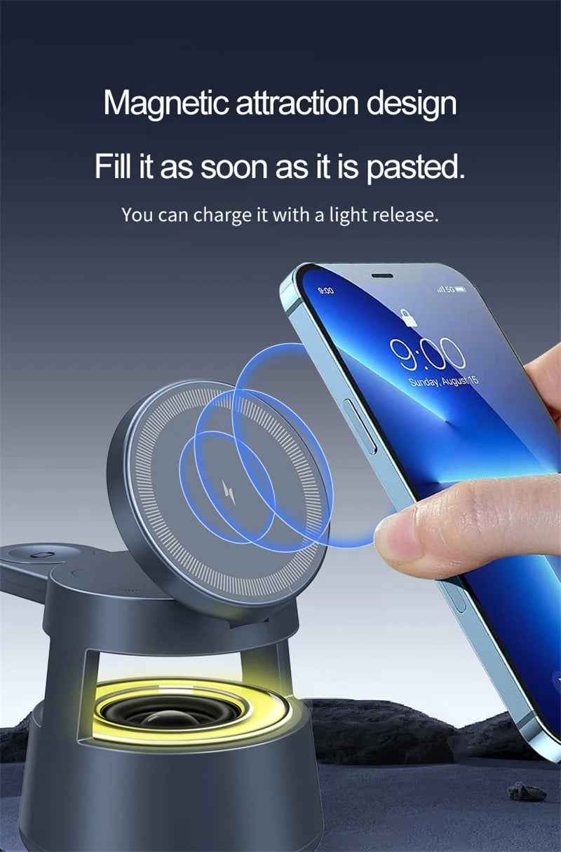 3 in 1 Magnetic Wireless Charger Bluetooth Speaker LED Light Desktop Fast Charging Phone Stand For iPhone 16 15 iWatch Airpods