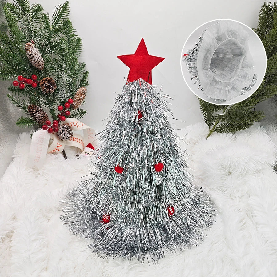 Christmas Tree Hats Fabric Rain Silk Hat for Adults Kids Funny Santa Hat with Tinsel Xmas Holiday Party Costume New Year Decor