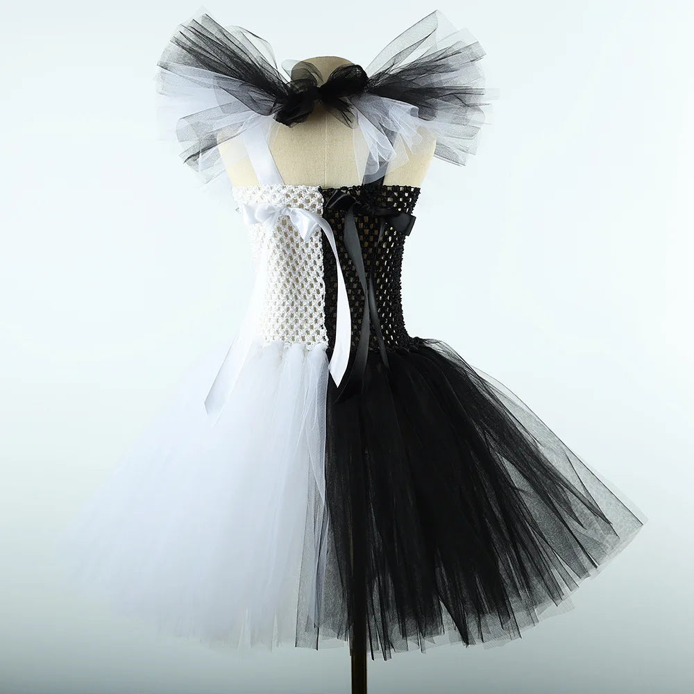 2025 Halloween Festive Party Girls Cosplay Black and White Witch Sleeveless Clown Lace Vampire Clothing Plus Accessories Set