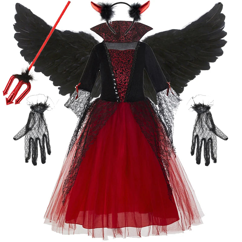 Girl Vampire Halloween Dress for Kid Ghost Bride Gothic Cosplay Vampire Costume Dress for Kids Carnival Outfit Black Red Clothes