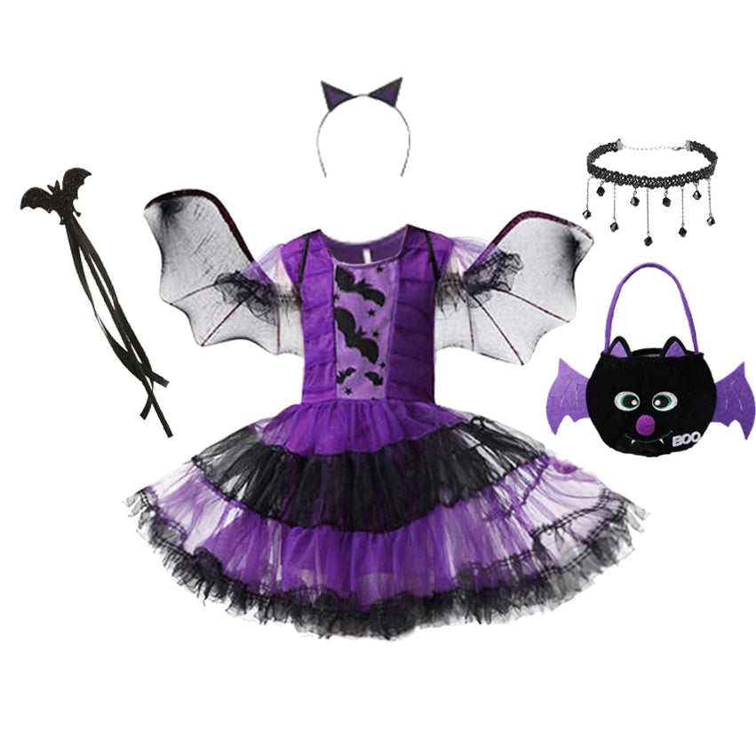 Girls Purple Bat Dress Kids Fancy Cosplay Vampire Demon Costume With Wing Headwear Halloween Carnivat Witch Role Play Clothes